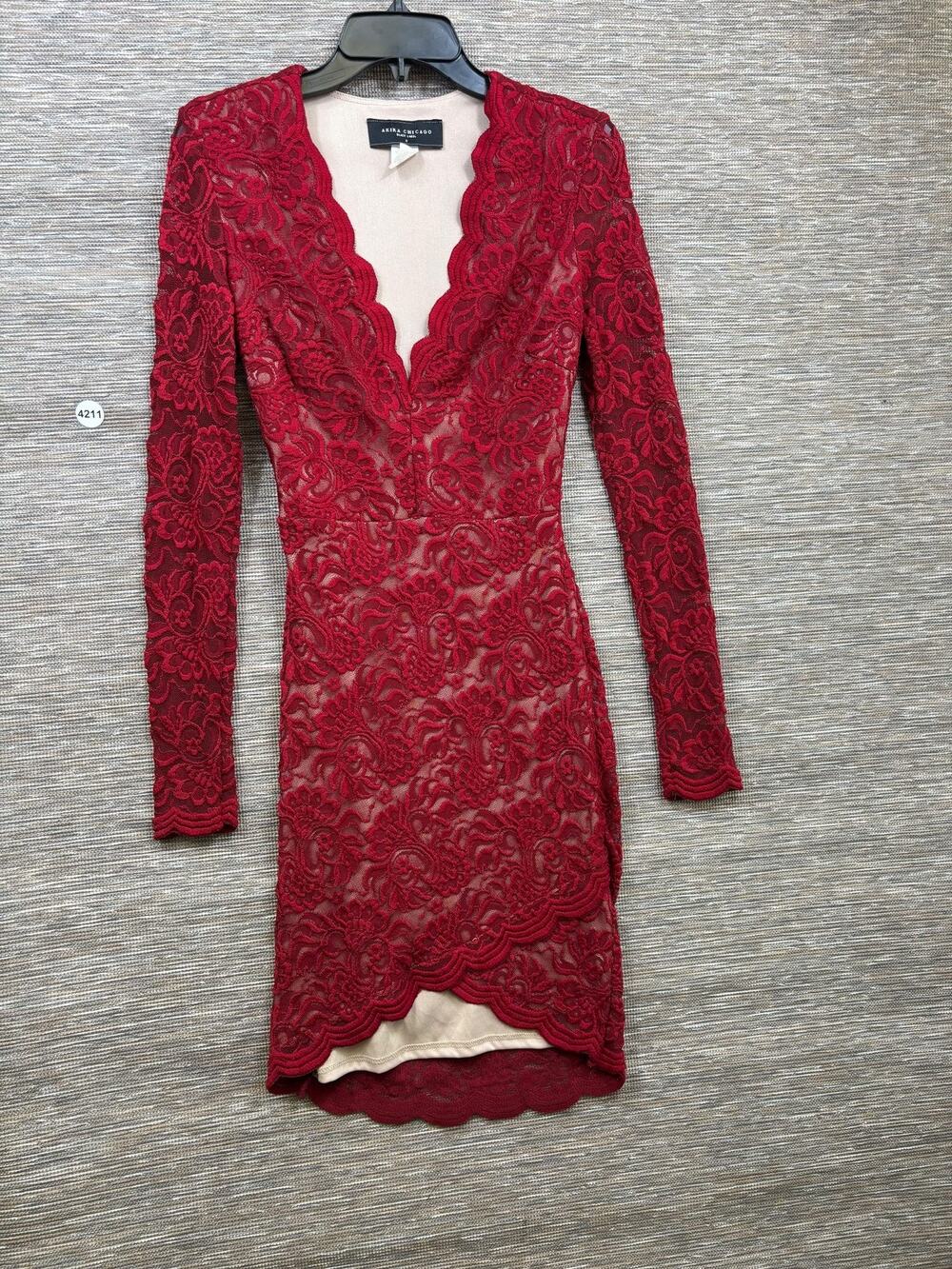 AKIRA CHICAGO Black Label Dress Womens S Red Lace Bodycon V Neck Short Party